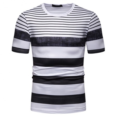 New Summer Men's Short-Sleeved T-Shirt Contrast Striped Slim Casual T-Shirt